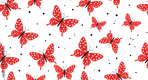 Playful seamless pattern with cute red butterflies with white polka dots and scattered black dots on a simple white background.