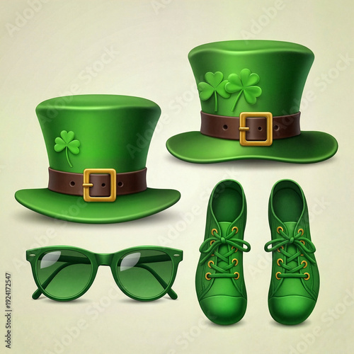 Green accessories for St. Patrick’s Day including hats, glasses, and shoes  