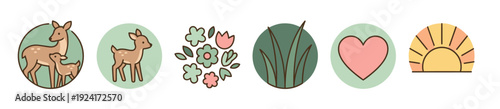 Set of cute nature-themed icons featuring a deer with fawn, flowers, grass, a heart, and sun, illustrated in a gentle, minimalist style with a soft pastel color palette