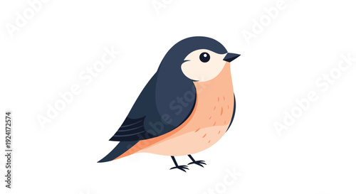 Charming little bird with dark blue and peach-colored feathers stands in a simple and cute flat vector illustration style.