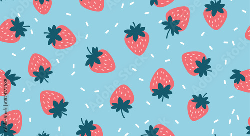 Fresh and playful seamless pattern of hand-drawn pink strawberries and white sprinkles scattered across a pleasant light blue background.