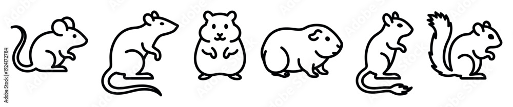 Obraz premium Set of six rodent icons including a mouse, rat, hamster, guinea pig, squirrel, and chipmunk, depicted in a simple black and white minimalist line art illustration style