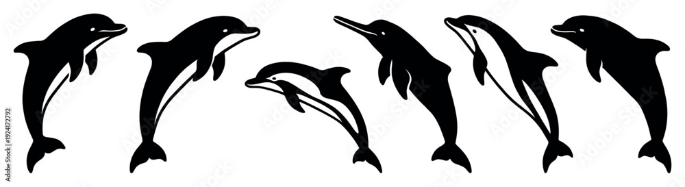 Naklejka premium Collection of six black dolphin silhouettes in various jumping and swimming poses, presented as a graphic vector illustration set for aquatic or marine life themes