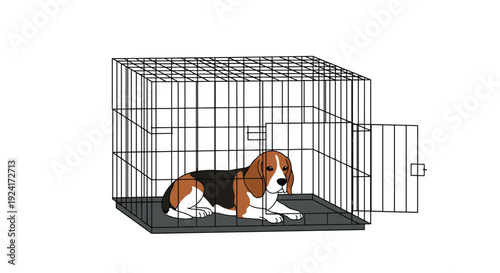 A tricolor beagle dog lies resting inside a black wire metal pet crate with its side door swung open against a plain white background.