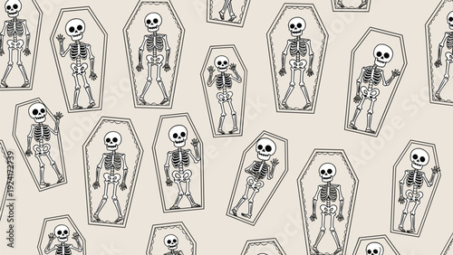 Spooky Halloween seamless pattern of cute skeletons waving from inside coffins on a light beige background, perfect for festive party decorations.