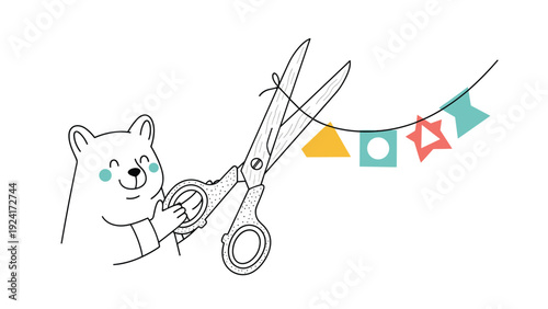 Cute white bear character holding giant scissors while cutting a string of colorful geometric paper shapes, isolated on a clean white background.
