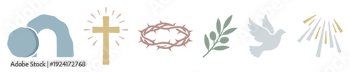 Set of Christian Easter symbols including the empty tomb, cross, crown of thorns, dove, and olive branch in a modern, minimalist style with a pastel color palette for religious celebration