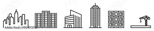 Set of black line art building icons showing various architectural styles from a simple city skyline and skyscraper to a modern office and construction crane in a minimalist vector set