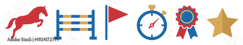 Set of colorful flat design icons for equestrian show jumping competitions including a horse, obstacle, flag, stopwatch, prize ribbon, and star arranged in a horizontal row