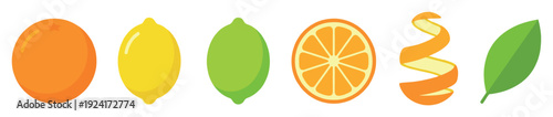 Set of colorful citrus fruit icons including a whole orange, lemon, lime, a juicy slice, a twisted peel, and a green leaf in a simple flat vector illustration style