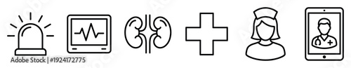Six black outline medical and healthcare icons representing emergency, cardiology, urology, first aid, nursing, and online doctor consultation in a minimalist linear style