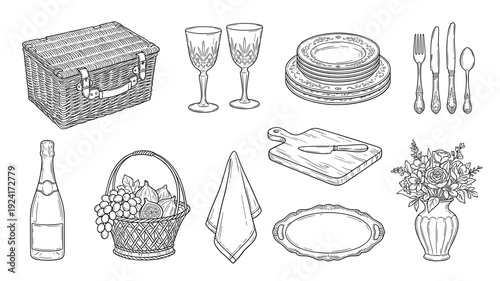 Collection of vintage picnic and dining elements featuring a wicker basket, wine, fruit, and tableware, all rendered in a detailed black and white hand-drawn sketch style