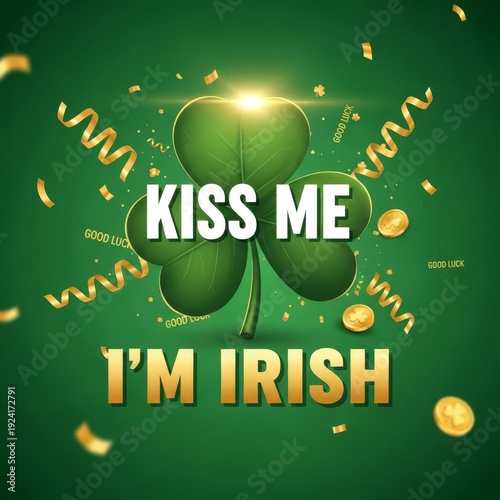 Kiss Me I’m Irish design with a green shamrock and gold coins  