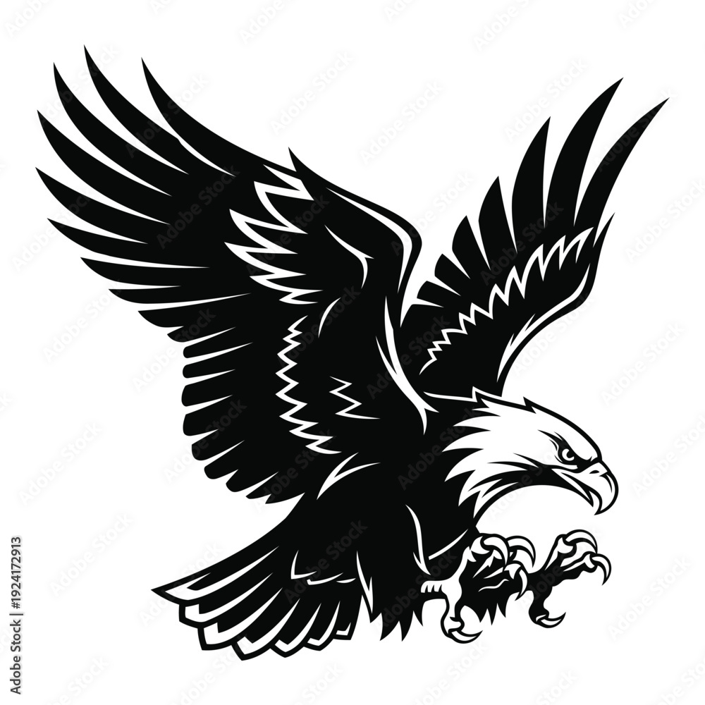 Obraz premium Black and white eagle with wings spread wide for symbol and icon use