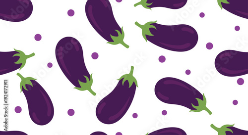 Fun seamless pattern of purple eggplants and lilac polka dots scattered across a simple and clean white background.