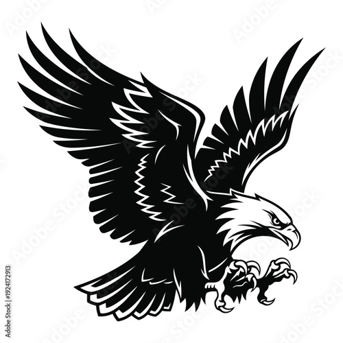 Black and white eagle with wings spread wide for symbol and icon use