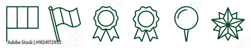Set of dark green linear icons featuring tricolor flags, award ribbons, a map pin, and a geometric star, depicted in a clean and minimalist outline graphic style