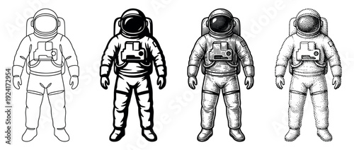 Set of four astronaut illustrations in a spacesuit, showcasing various artistic styles like line art, high-contrast stencil, detailed engraving, and classic stippling