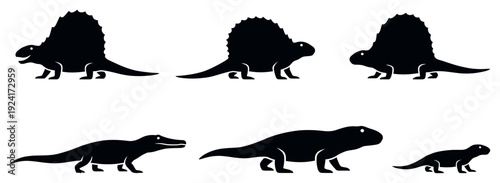 Set of six black prehistoric reptile icons including Dimetrodon with its distinctive sail and other Permian period synapsids in a clean, graphic vector style