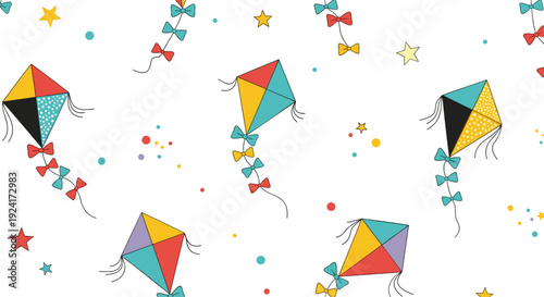 Playful seamless pattern with colorful kites flying among stars and confetti, creating a cheerful and festive background for children.