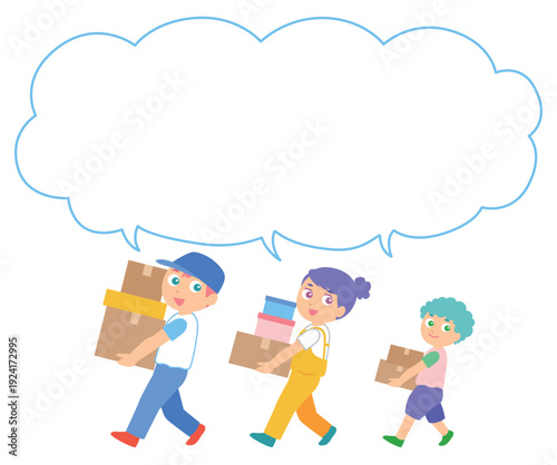 荷物を運ぶ業者の男性と女性と子どものイラスト吹き出し付き