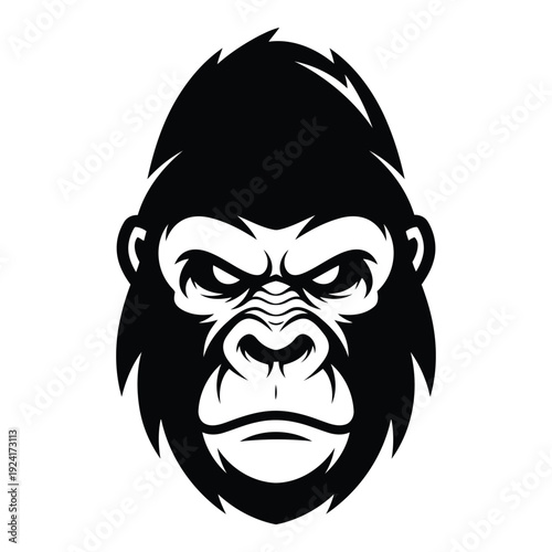 A black and white illustration of a gorillas head facing forward