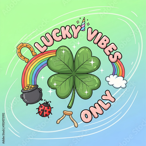 Lucky vibes only graphic with rainbow and shamrock illustration  