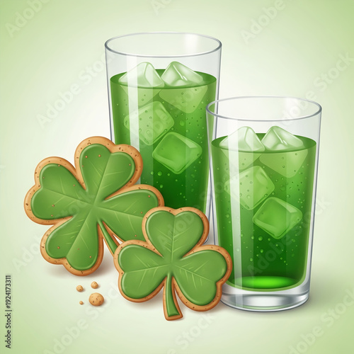 Shamrock cookies and green drinks on green background  