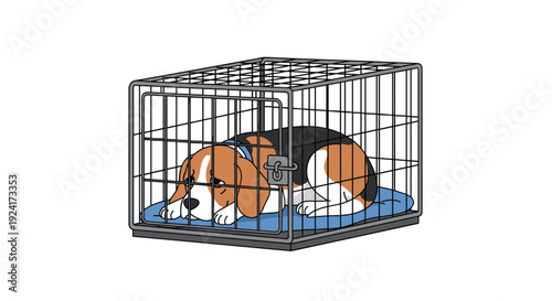 A tricolor beagle dog curls up on a blue fabric cushion inside a closed black wire metal pet crate against a solid white background.