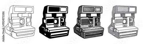 Set of four vintage instant camera illustrations rendered in distinct black and white graphic styles like line art, silhouette, engraving, and halftone dot pattern