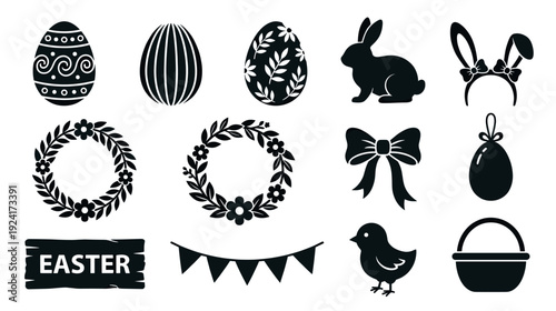 Collection of black Easter holiday silhouettes including eggs, a bunny, a chick, wreaths, and a basket for festive spring celebration design elements