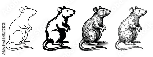 Set of four rat illustrations showing different artistic styles from simple line art and bold ink to detailed vintage engraving and stippling pointillism techniques