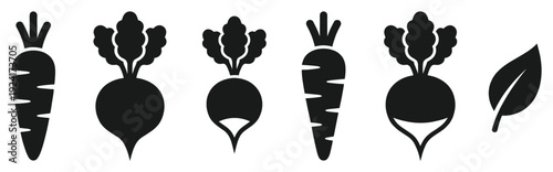 Set of black vegetable icons including carrots, beets, radishes, and a leaf in a simple, flat, graphic silhouette style for healthy eating and farming concepts