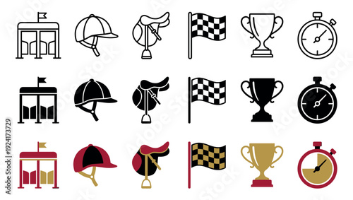 Collection of equestrian competition vector icons featuring a starting gate, jockey helmet, saddle, checkered flag, trophy, and stopwatch in line, glyph, and color styles