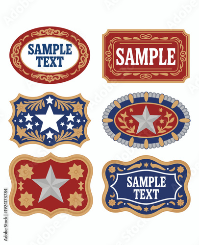 Western Style Cowboy Belt Buckle Label Master Collection Set Vector Bundle
Master collection set of western style cowboy belt buckle label designs, decorative rodeo emblems featuring ornate gold and s