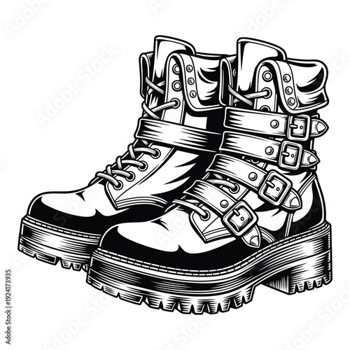 A pair of black and white boots with buckles and straps