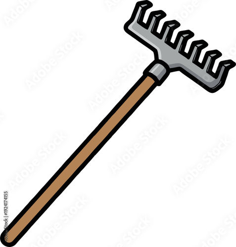 Simple cartoon illustration of a garden rake with a wooden handle.