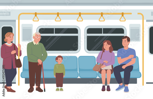 Vector illustration of people inside subway train, adults and child standing and sitting, public transportation, urban lifestyle, social interaction, commuting artwork design