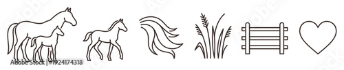 Horse and farm themed icon set with a mother mare and her foal, a young colt, a flowing mane, grass, a wooden fence, and a heart symbol in a clean, minimalist line art style