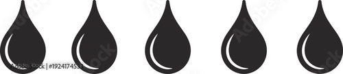 Black water drop icon set isolated on light background, liquid droplet silhouette collection for oil, rain, eco, and hydration design