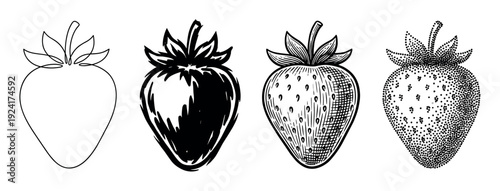 Set of four strawberry illustrations showing different artistic techniques including continuous line, brush stroke, engraving, and stippling in a black and white graphic style