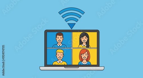 Group of people participating in a video conference on a laptop with Wi-Fi connectivity