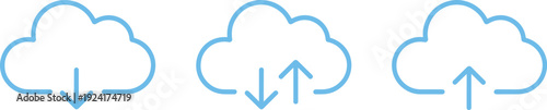 Cloud upload and download icon set isolated on light background, data transfer and storage symbols collection for cloud computing and backup design