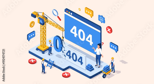 Construction workers fixing 404 error page on large screen display with crane and tools