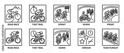 Set of cycling sport icons illustrating various race disciplines like road race, time trial, and team pursuit in a minimalist black and white line art vector graphic style