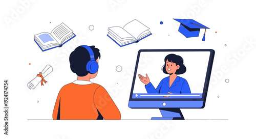 A student wearing headphones participates in an online class on a computer displaying a female teacher