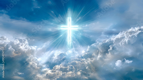Breathtaking rays of light shine through fluffy clouds, illuminating a radiant cross in the vast expanse of a serene sky at dawn
