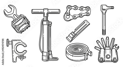 Essential bicycle repair tools and cycling maintenance equipment.