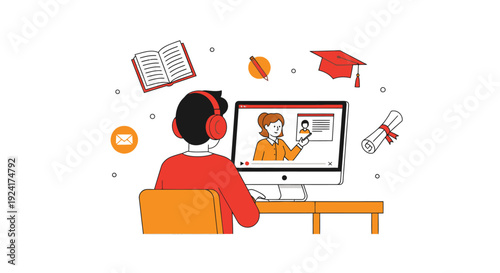 A student attending an online class on a computer with educational icons surrounding the screen