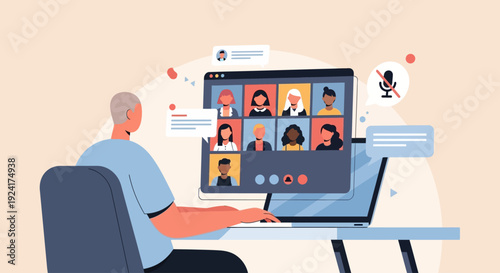 Man working on laptop with video conferencing interface displaying multiple participants on screen in a modern office environment from behind